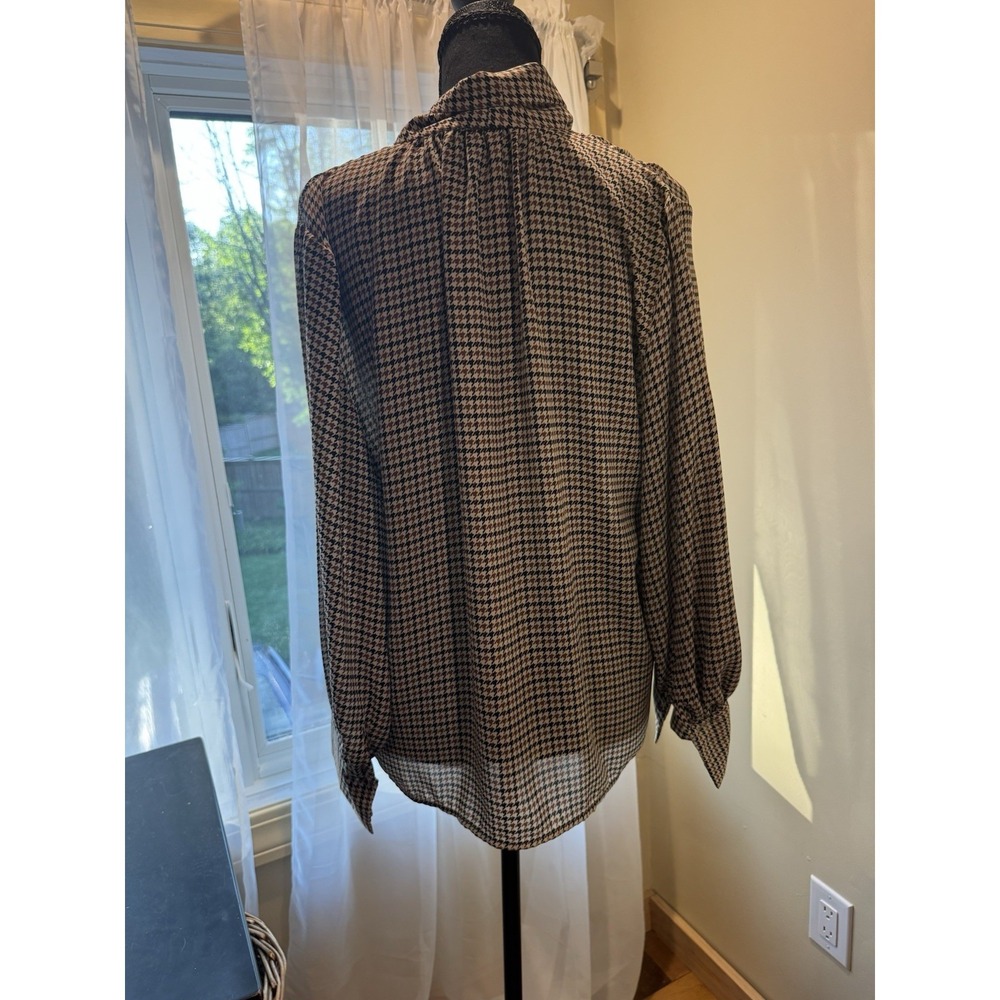 WHO WHAT WEAR Houndstooth Tie-Neck Collared Puff Long Sleeve Blouse M - Picture 6 of 7